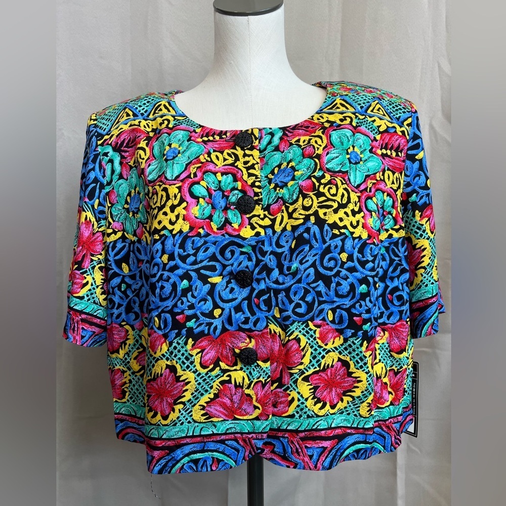 NWT Vintage More Jazz Multicolor Floral Button Front Top 18W Shoulder Pads